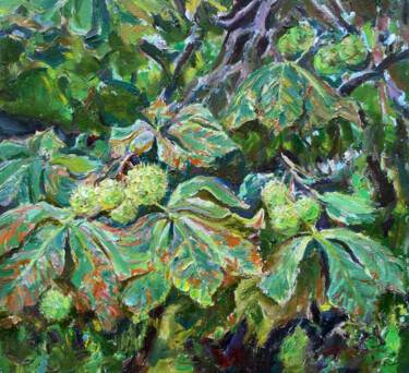 Painting titled "Chestnuts in August" by Leonid Pavlenko, Original Artwork, Oil Mounted on Wood Stretcher frame