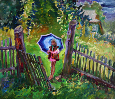 Schilderij getiteld "Summer rain" door Leonid Pavlenko, Origineel Kunstwerk, Olie Gemonteerd op Frame voor houten brancard