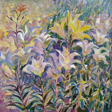 Peinture intitulée "Lilies in the garden" par Leonid Pavlenko, Œuvre d'art originale, Huile Monté sur Châssis en bois