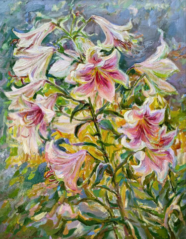 Peinture intitulée "Lilies are blooming" par Leonid Pavlenko, Œuvre d'art originale, Huile Monté sur Châssis en bois