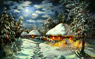 Картина под названием "Night in a Snowy Ha…" - Serhii Kapran, Подлинное произведение искусства, Масло