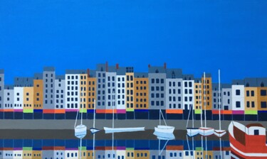 Painting titled "Le port de Honfleur…" by Odile Raoul, Original Artwork, Acrylic Mounted on Wood Stretcher frame