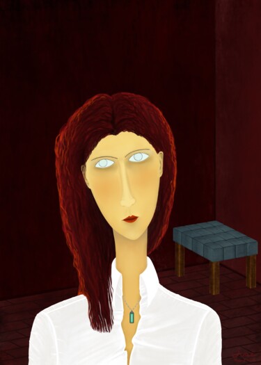 Digitale Kunst getiteld "Jeune Femme Pensive" door Joaquim Vaz, Origineel Kunstwerk, Digitaal Schilderwerk Gemonteerd op Fra…