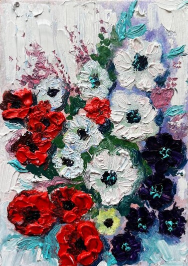 绘画 标题为“White, blue and red…” 由Наталья Худякова, 原创艺术品, 油 安装在纸板上