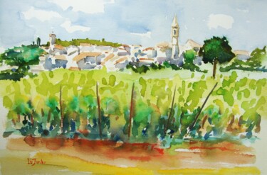 Le village de Maraussan Peinture intitulée "Le village de Marau…" par Jean-Noël Le Junter, Œuvre d'art originale, Aquarelle Monté sur Panneau de bois