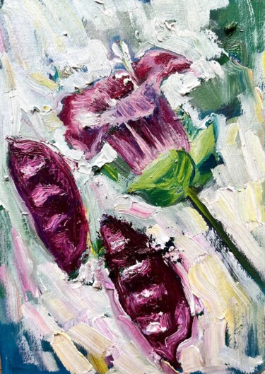 Schilderij getiteld "A flower and a bean." door Natal A Hudakova, Origineel Kunstwerk, Olie Gemonteerd op Karton