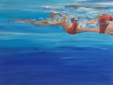 Schilderij getiteld "La nageuse" door Sophie Duru, Origineel Kunstwerk, Acryl Gemonteerd op Frame voor houten brancard