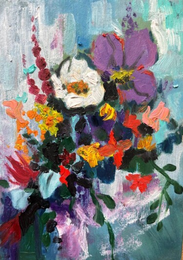 A bright summer bouquet . Painting titled "A bright summer bou…" by Natal A Hudakova, Original Artwork, Oil Mounted on Cardboard