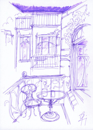 Opulente Balkonlandschaft. Drawing titled "Opulente Balkonland…" by Götz Wiedenroth, Original Artwork, Ink