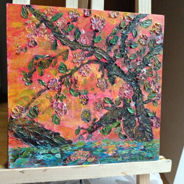 Painting titled "Dawn on the Cherry…" by Protima Rauwel, Original Artwork, Acrylic