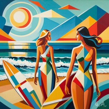 Art contemporain cubiste : surfeuses géométriques sur plage "Art contemporain cu…" başlıklı Dijital Sanat Gaboriau Gérald tarafından, Orijinal sanat, Dijital Resim