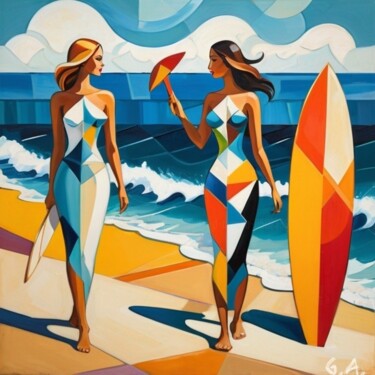 Surfeuses modernes en plage cubiste – Digital Art Arts numériques intitulée "Surfeuses modernes…" par Gaboriau Gérald, Œuvre d'art originale, Peinture numérique