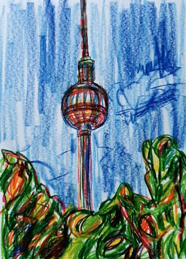 Drawing titled "Fernsehturm Berlin" by Anne Goldhahn, Original Artwork, Conté