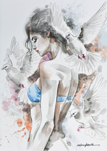 Schilderij getiteld "Woman with Pigeons" door Kang Zhou, Origineel Kunstwerk, Aquarel