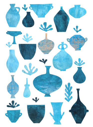 Blue collage with vases — modern art for the home 拼贴 标题为“Blue collage with v…” 由Yulia Domina, 原创艺术品, 丙烯