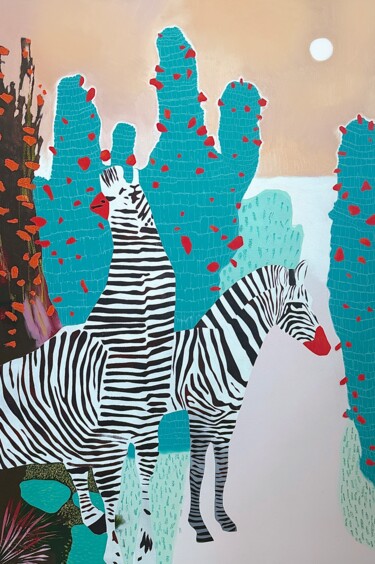 Painting titled "Zebras" by Elizaveta Pugacheva, Original Artwork, Oil Mounted on Wood Stretcher frame
