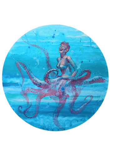 Laughing beneath the waves, mermaid, surrealistic, round 绘画 标题为“Laughing beneath th…” 由Marina Lukianova, 原创艺术品, 丙烯 安装在木质担架架上