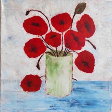 Poppies in a Green Vase 绘画 标题为“Poppies in a Green…” 由Iliana Ovtcharova, 原创艺术品, 丙烯 安装在木质担架架上