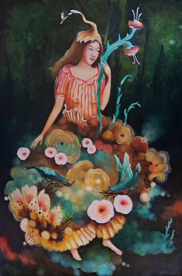 ""La jardinera"" başlıklı Tablo Caterina Oxley tarafından, Orijinal sanat, Petrol Ahşap Sedye çerçevesi üzerine monte edilmiş