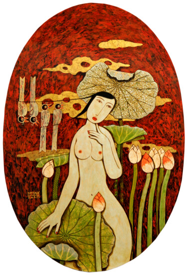 Pintura intitulada "Nude With Lotus And…" por Du Bui Trong, Obras de arte originais, Laca Montado em Painel de madeira
