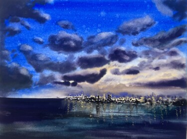 Peinture intitulée "Stars Sky City ligh…" par Yuliia Sharapova, Œuvre d'art originale, Aquarelle
