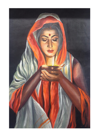 Lady Celebrating Diwali painting Картина под названием "Lady Celebrating Di…" - Shree Krishnam Arts Manish Vaishnav, Подлинное произведение искусства, Акрил