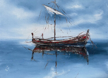 「Fishing boat 2」というタイトルの絵画 Volodymyr Nezdiimynohaによって, オリジナルのアートワーク, オイル ウッドストレッチャーフレームにマウント