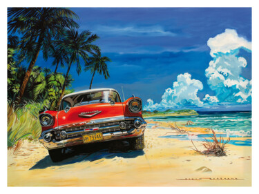 Painting titled "chevy on the beach…" by Alain Bertrand, Original Artwork, Oil Mounted on Wood Stretcher frame