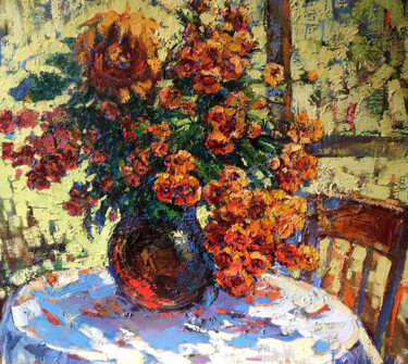 Schilderij getiteld "Morning flowers" door Oksana Ivanyuk, Origineel Kunstwerk, Olie Gemonteerd op Frame voor houten brancard