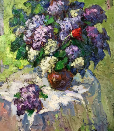 A bouquet of lilacs on the table Schilderij getiteld "A bouquet of lilacs…" door Oleksiy Ivanyuk, Origineel Kunstwerk, Olie Gemonteerd op Frame voor houten b…