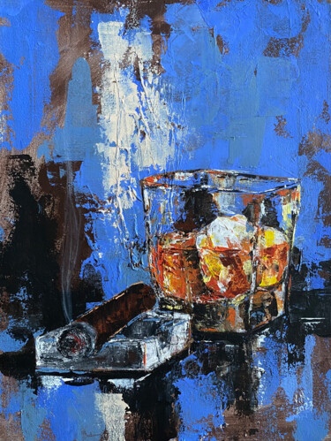 Whiskey with ice and cigar 绘画 标题为“Whiskey with ice an…” 由Volodymyr Nezdiimynoha, 原创艺术品, 丙烯 安装在木质担架架上