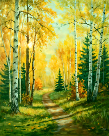 Golden Sunlight Through Autumn Birch Trees Arte digitale intitolato "Golden Sunlight Thr…" da Sergei Gundorov, Opera d'arte originale, Pittura digitale