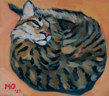 Painting titled "Сонный кот" by Ulia Nikitina, Original Artwork, Oil