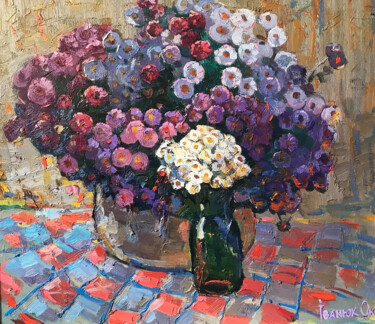 Schilderij getiteld "Big bouquet of autu…" door Oksana Ivanyuk, Origineel Kunstwerk, Olie Gemonteerd op Frame voor houten br…