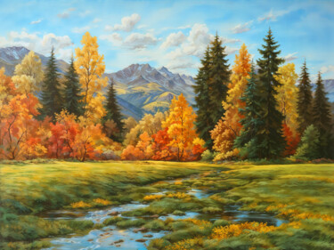 Golden Trees and Flowing Stream in Autumn Mountains "Golden Trees and Fl…" başlıklı Dijital Sanat Sergei Gundorov tarafından, Orijinal sanat, Dijital Resim