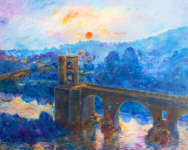 Besalu Morning over the Fluvia Pittura intitolato "Besalu Morning over…" da Natalia Shchipakina, Opera d'arte originale, Olio Montato su Telaio per barella…