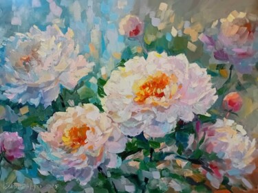Pintura intitulada "peonies in the gard…" por Irina Davidenko, Obras de arte originais, Óleo