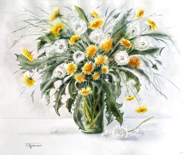 Bouquet of dandelions, original watercolor