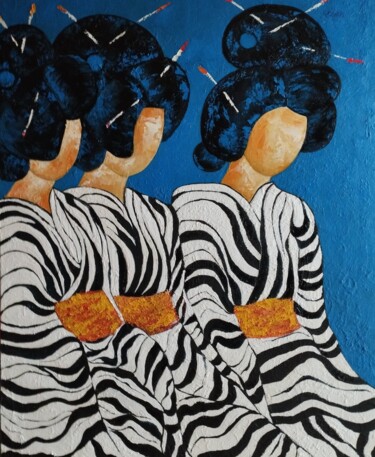 Картина под названием "les 3 geishas" - Raphael Marras, Подлинное произведение искусства, Масло Установлен на Деревянная рам…