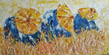 Schilderij getiteld "RECOLTE DE RIZ" door Raphael Marras, Origineel Kunstwerk, Olie Gemonteerd op Frame voor houten brancard