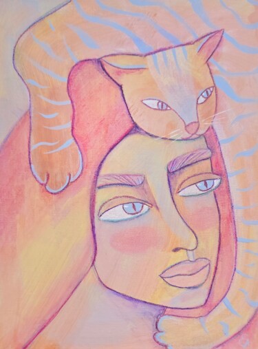 Surreal Woman and Cat Portrait – Pink Hair Blue Eyes Pittura intitolato "Surreal Woman and C…" da Elaina Arty, Opera d'arte originale, Acrilico Montato su Cartone