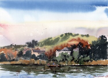 Summer houses Painting titled "Summer houses" by Bogdan Shiptenko, Original Artwork, Watercolor Mounted on Cardboard