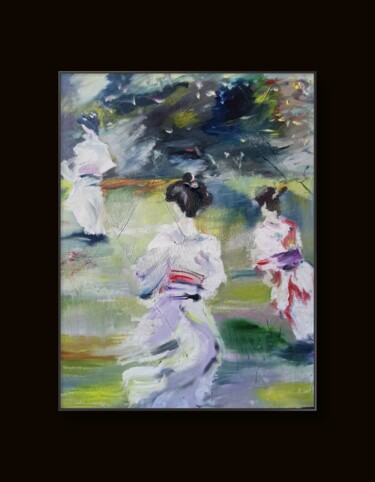 Spring Dance of Kimonos – Japanese Impressionist Painting Malarstwo zatytułowany „Spring Dance of Kim…” autorstwa Aloosan, Oryginalna praca, Olej Zamontowany na Drewniana rama noszy