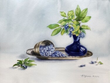 Berries still life in blue tones, watercolor painting