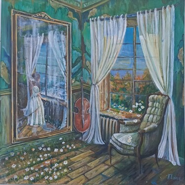 Girl in White, Surrealism, Canvas 40x40 cm 绘画 标题为“Girl in White, Surr…” 由Lubа Mira, 原创艺术品, 丙烯 安装在其他刚性面板上