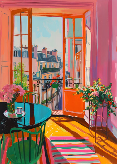 "Parisian Balcony in…" başlıklı Dijital Sanat 春宇 关 tarafından, Orijinal sanat, AI tarafından oluşturulan görüntü Karton üzer…