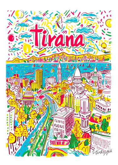 数字艺术 标题为“Vibrant Tirana City…” 由春宇 关, 原创艺术品, AI生成的图像 安装在纸板上