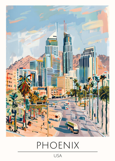 Digitale Kunst getiteld "Phoenix Cityscape:…" door Chun Yu Guan, Origineel Kunstwerk, AI gegenereerde afbeelding Gemonteerd…