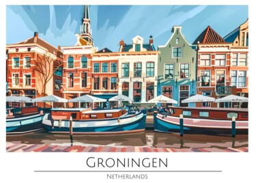 Digital Arts titled "Groningen Canal Sce…" by Chun Yu Guan, Original Artwork, AI generated image Mounted on Cardboard