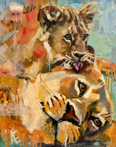 Bébé lion avec sa mère. Bisous 「Bébé lion avec sa m…」というタイトルの絵画 Elena Recondoによって, オリジナルのアートワーク, オイル ウッドストレッチャーフレームにマウント
